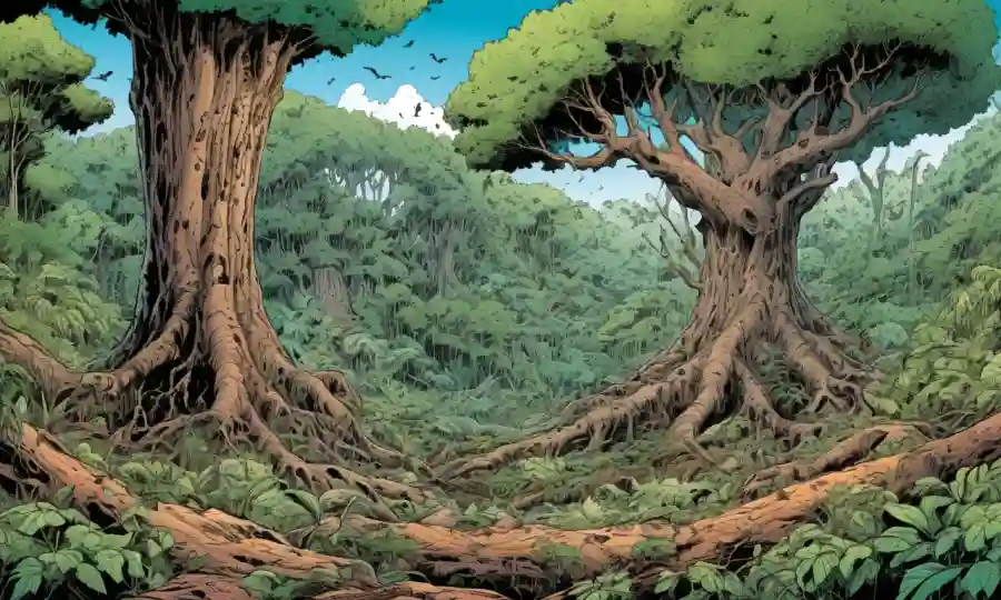 Se está erosionando un árbol rodeado de un exuberante ecosistema forestal