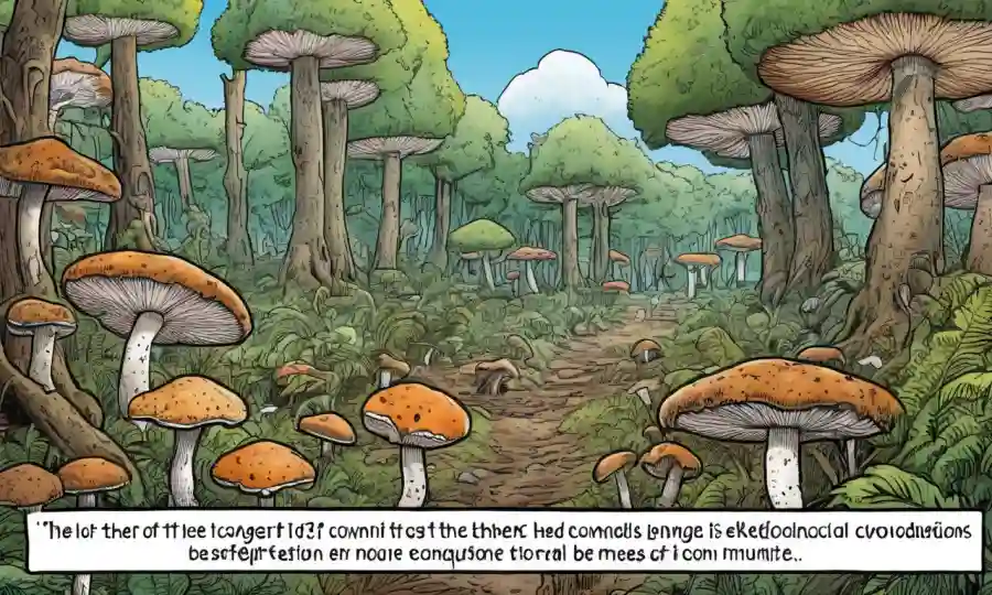 Imagen de hongos en un bosque, con texto superpuesto sobre su función ecológica y el impacto de la deforestación en comunidades fúngicas.