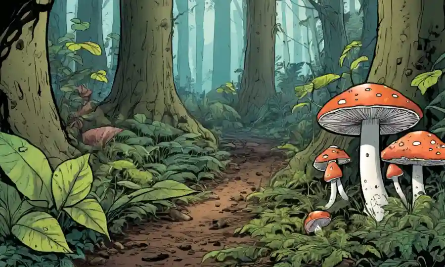 Un piso de bosque con hongos y plantas sobrecrecidos, indicando pérdida de biodiversidad y ecosistemas.