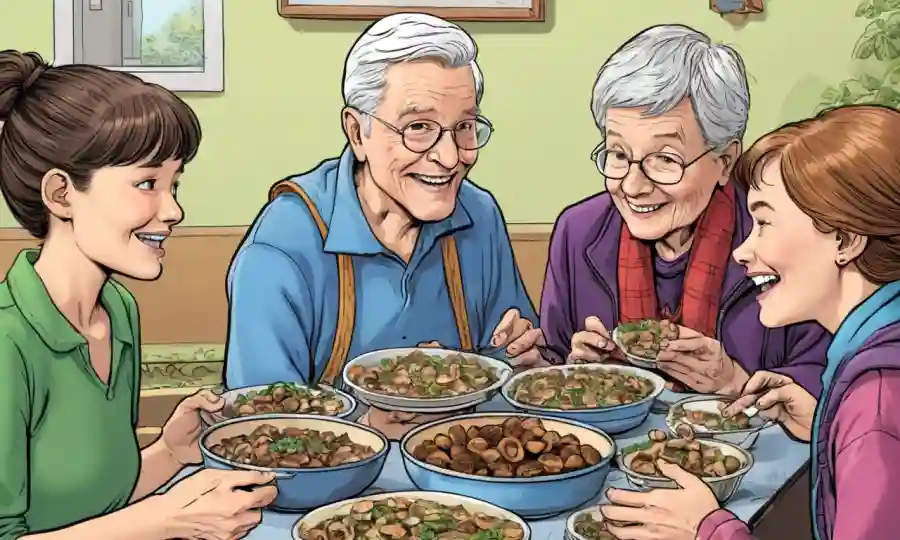 Personas mayores y jóvenes que comparten platos de hongos juntos.