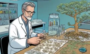 Análisis científico muestras fúngicas en una mesa de laboratorio con diagramas de árboles filogenéticos.