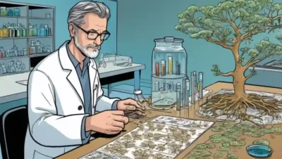 Análisis científico muestras fúngicas en una mesa de laboratorio con diagramas de árboles filogenéticos.