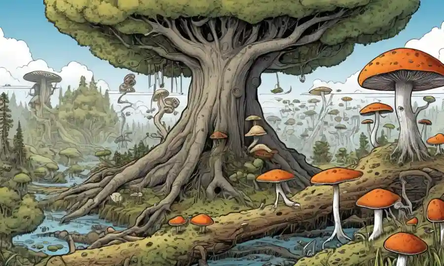 Los diagramas científicos y las estructuras de árboles ilustran las relaciones evolutivas entre hongos, con ejemplos en el fondo.