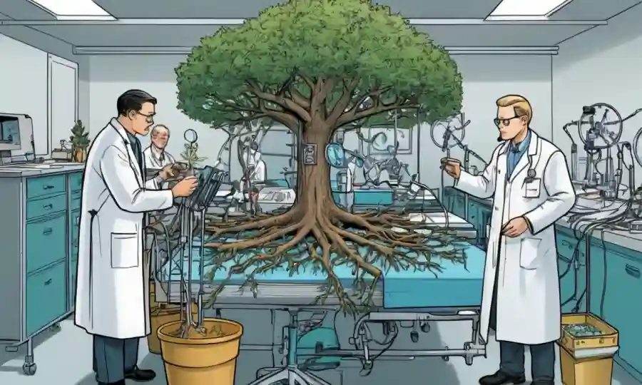 Científicos que examinan árboles filogenéticos y muestras de laboratorio en medio del equipo médico.
