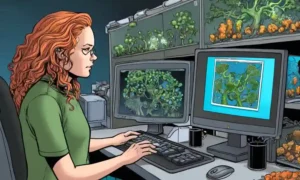Científico estudiando culturas fúngicas y árboles evolutivos en una pantalla de computadora.