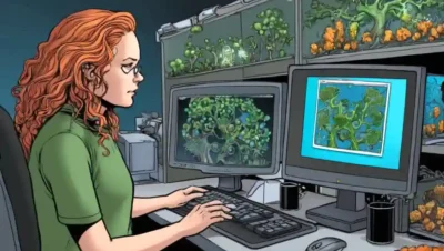 Científico estudiando culturas fúngicas y árboles evolutivos en una pantalla de computadora.