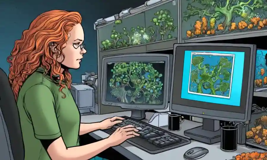 Científico estudiando culturas fúngicas y árboles evolutivos en una pantalla de computadora.