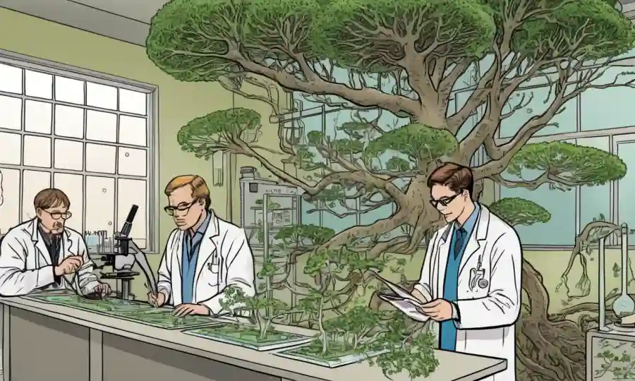 Científicos que estudian diagramas filogenéticos como árboles en un laboratorio.