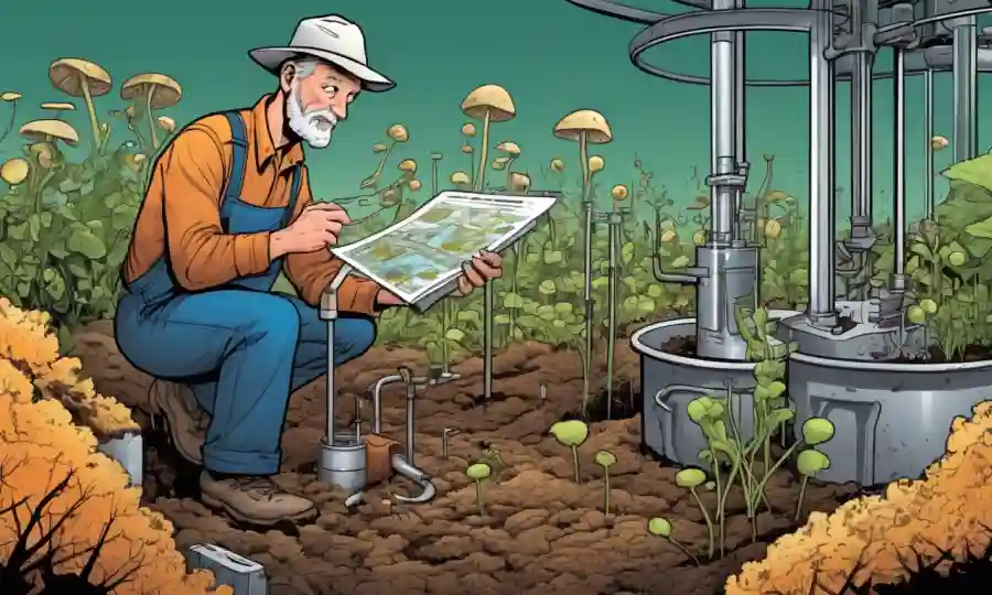 Un agricultor examina el crecimiento de hongos en una estación de ensayo de suelo con gráficos y datos.