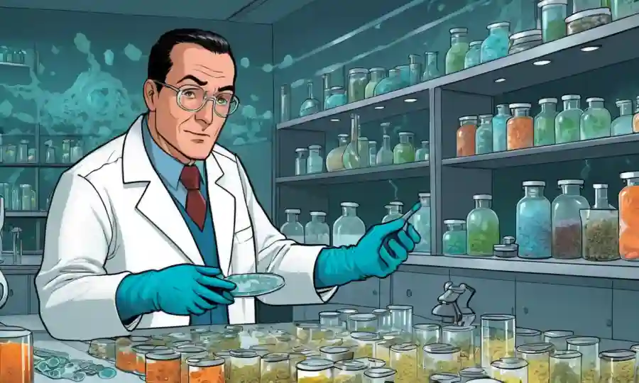 Científico en un laboratorio con guantes, rodeado de platos petri y crecimientos de hongos.