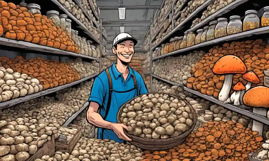 Vendedor de setas sonriendo en medio de pilas de productos de hongos legalizados.