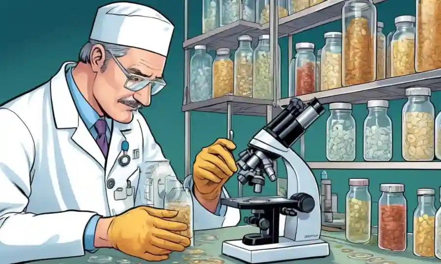 Un científico que examina una diapositiva de microscopio con diversas culturas de levaduras bajo diferentes tiempos de fermentación.