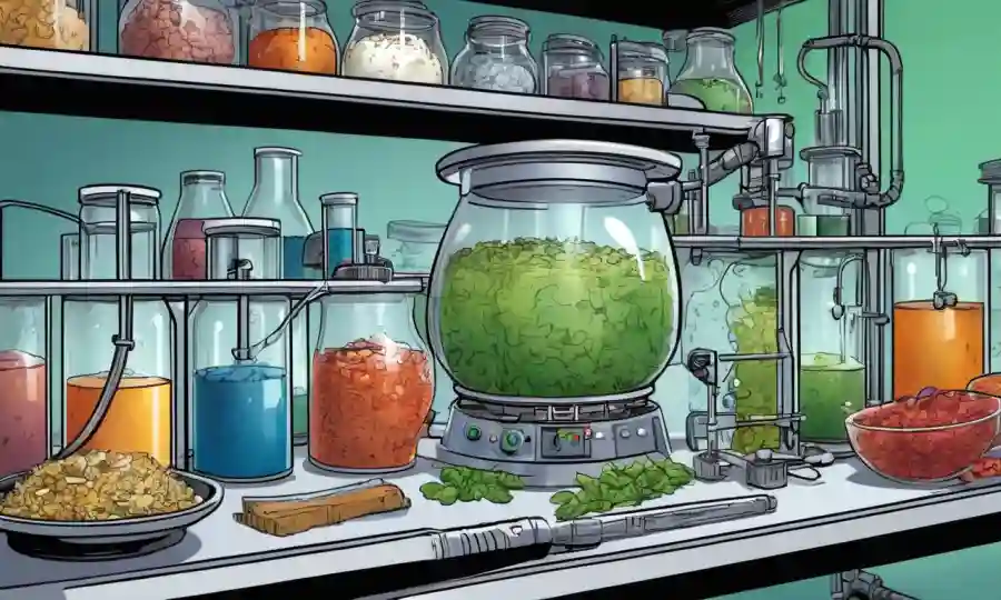 Equipo científico con beakers y luces en medio de muestras de alimentos fermentados.