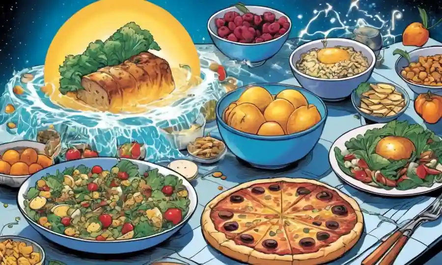 Las ondas de luz interactúan con alimentos, ilustraciones y gráficos que rodean.