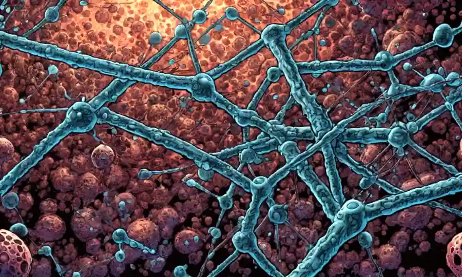 Estructuras moleculares microscópicas iluminadas por la luz, con células fúngicas y fondo circundante.