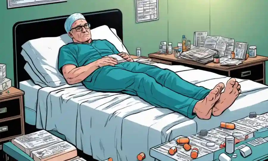 Un paciente acostado en una cama, rodeado de pastillas y registros médicos, con una expresión preocupada.