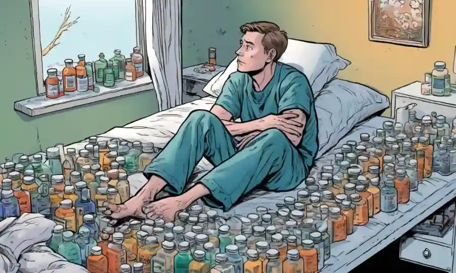 Una persona sentada en una cama que parece preocupada rodeada de botellas de medicina, lo que implica el impacto emocional de la infección fúngica.