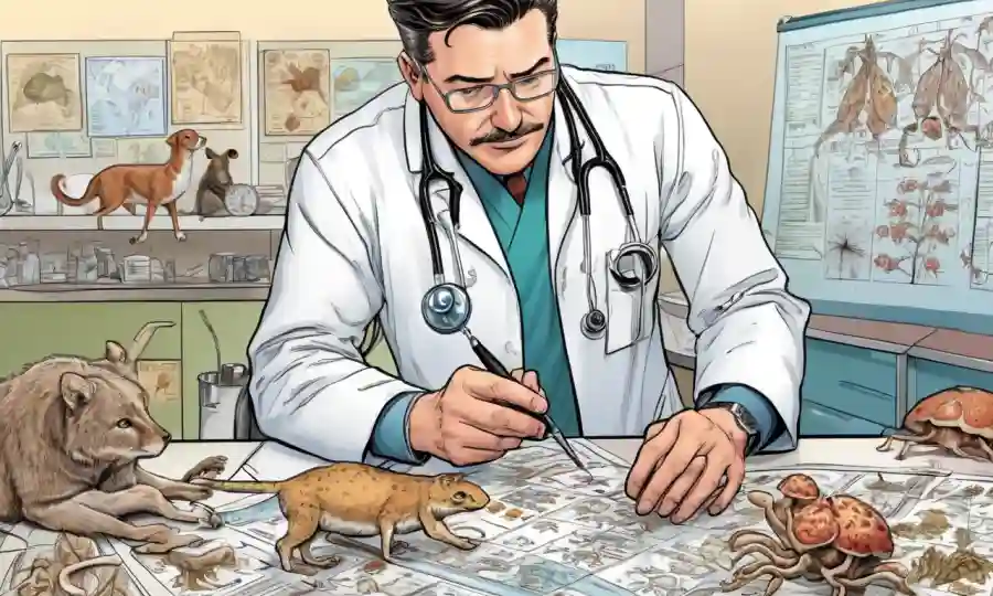 Un veterinario que examina un animal con crecimiento de hongos, rodeado de gráficos médicos y diagramas.