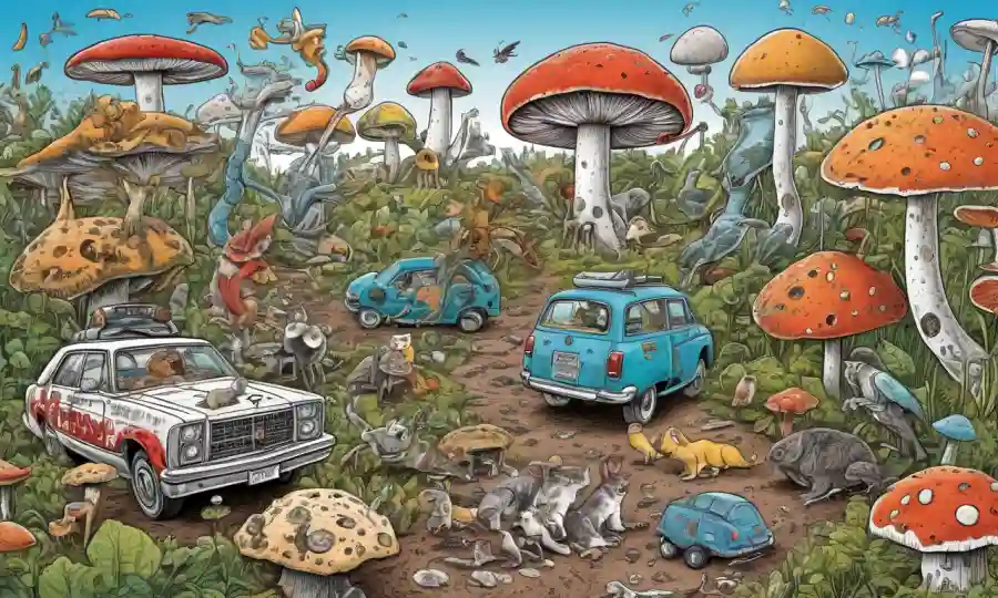 Ilustración gráfica de hongos microscópicos que afectan a animales rodeados de señales cautelares y logotipos sanitarios.
