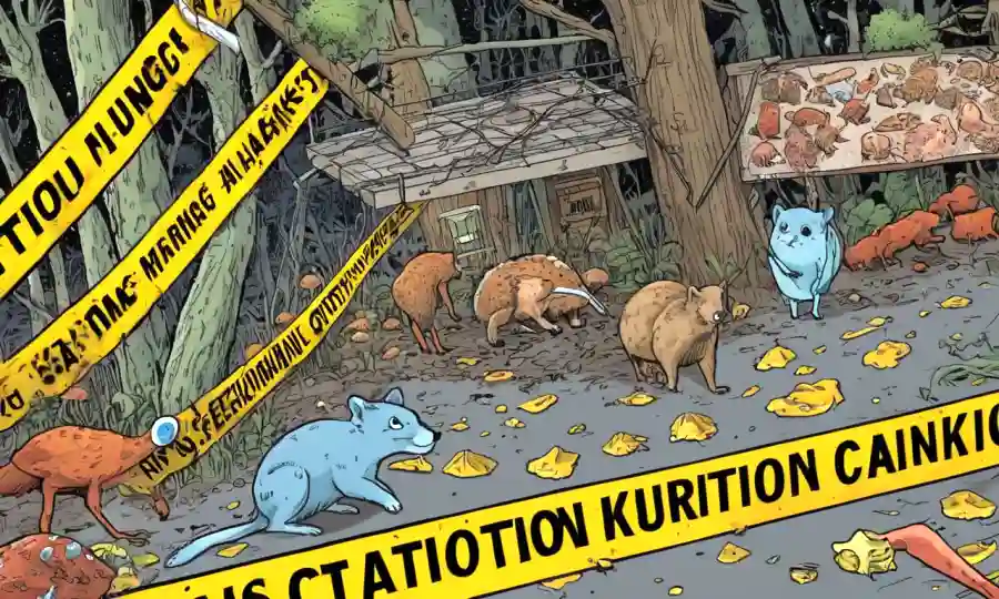 Imagen con hongos microscópicos junto con animales enfermos o lesionados, con cinta advertida y señales de advertencia que indican posibles riesgos para la salud.