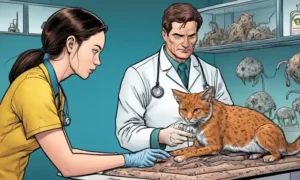 Un veterinario que examina una mascota afligida