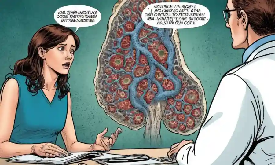 Mujer preocupada mientras habla con un médico en medio de ilustraciones de crecimiento místico.