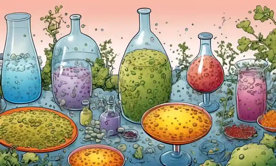 Las ilustraciones científicas que rodean el concepto de microorganismos impactan en los procesos de fermentación y su relevancia actual.
