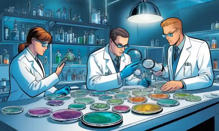 Científicos que examinan platos petri con microbios, rodeados de equipos de laboratorio y tecnología futurista.