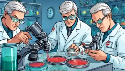 Microbiólogos que estudian culturas bacterianas en platos petri bajo un microscopio.