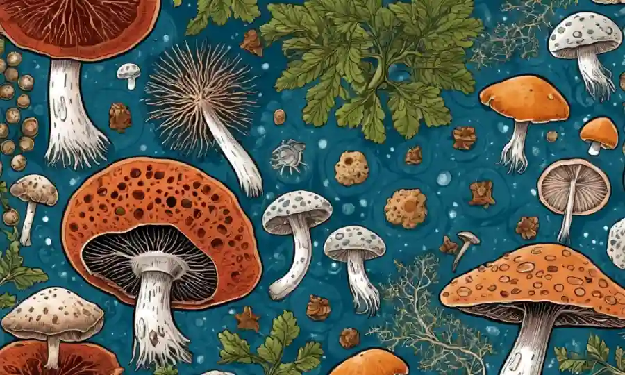 Imágenes microscópicas de células hongos rodeadas de símbolos agrícolas y médicos.