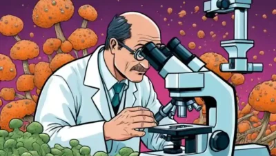 Científico estudiando células fúngicas a través de un microscopio.