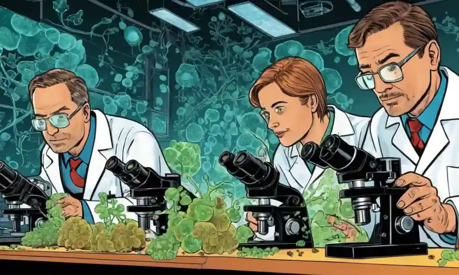 Científico examinando culturas de hongos bajo microscopios, con datos de exposición a radiación superpuestos.