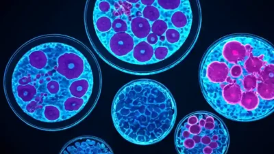 Platos petri con crecimientos fúngicos bajo luz UV.