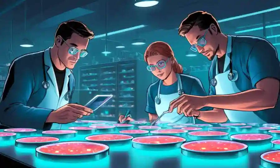 Investigadores del laboratorio que examinan platos petri con hongos brillantes bajo luces fluorescentes.