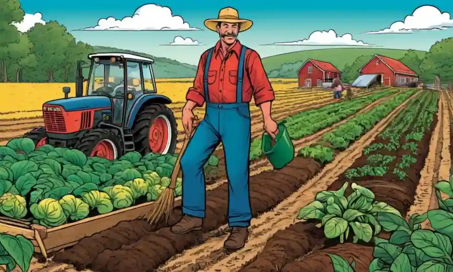 Agricultor rotando cultivos en un campo con diversas plantas y organismos del suelo prosperando.
