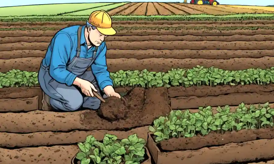 Agricultor inspecciona muestras de suelo en un campo con diagramas de rotación de cultivos.