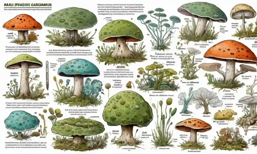 Gráficos de clasificación de especies en organismos fungosos rodeados de equipos científicos y diagramas.