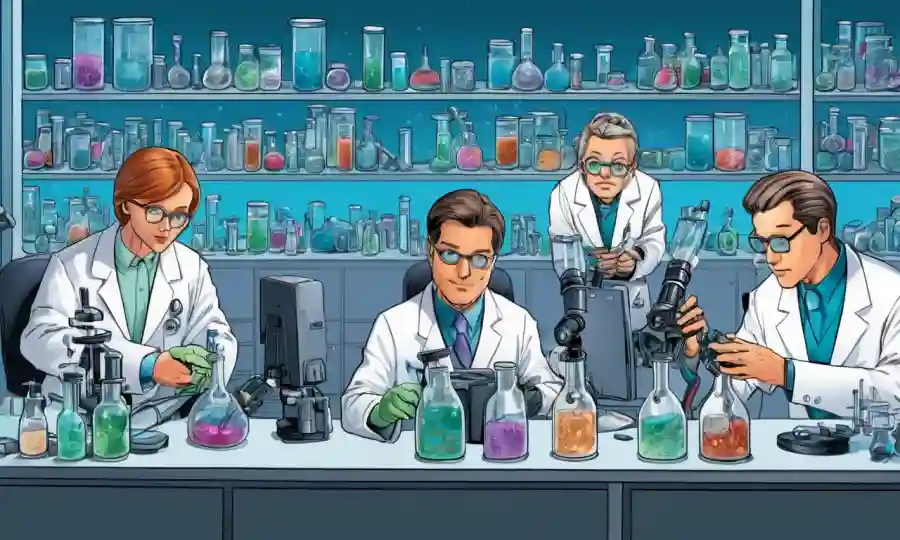 Científicos en laboratorios rodeados de platos petri, microscopios y computadoras.