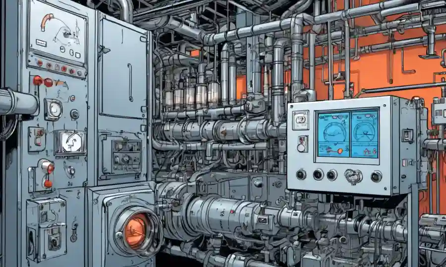 Sistema de control de temperatura industrial con diagramas y gráficos que la rodean.