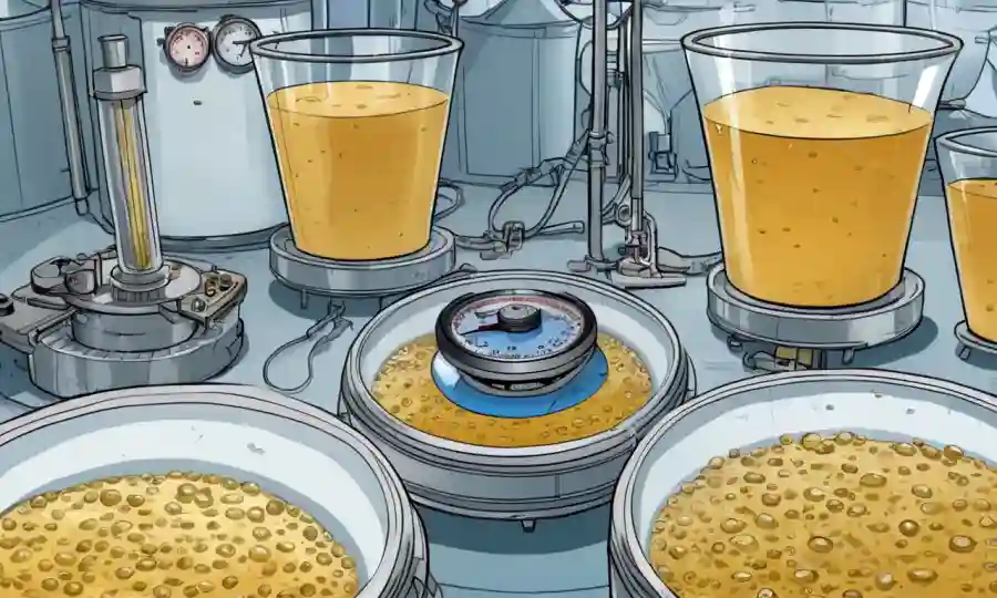 Vista microscópica de células de levadura rodeadas de equipos de fermentación, con medidores de temperatura y gráficos en el fondo.