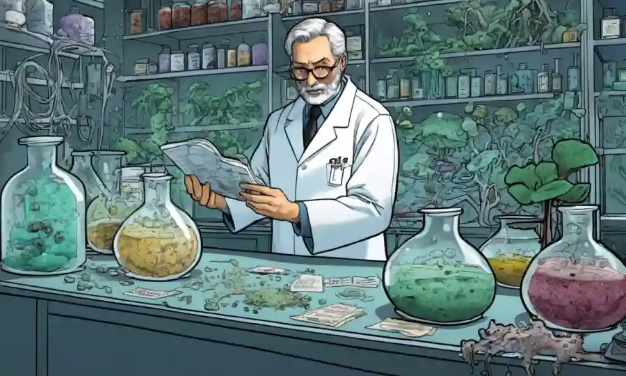 Científico en un laboratorio rodeado de muestras y diagramas de hongos.