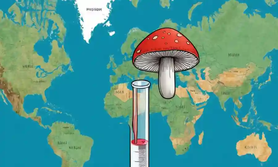 Un hongo que crece de un tubo de ensayo médico en medio de mapas globales y estadísticas de salud.