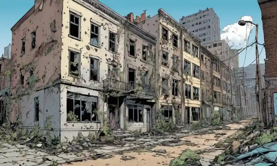Imagen del paisaje urbano que representa los efectos del abandono en la decadencia.