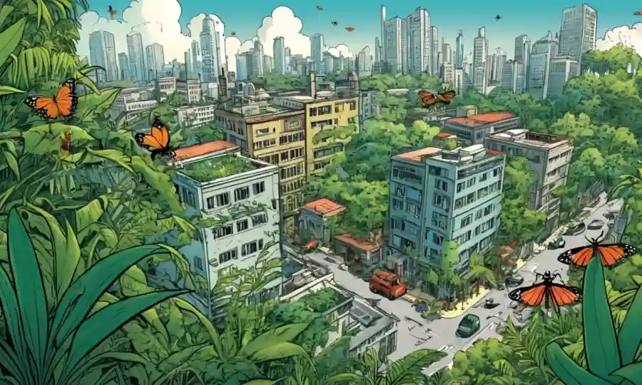 Selva urbana con edificios urbanos en medio de vegetación, con insectos o animales en el fondo.