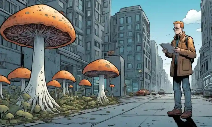 Una persona que examina patrones futuristas de crecimiento de hongos en las calles de la ciudad, en medio de la arquitectura urbana.