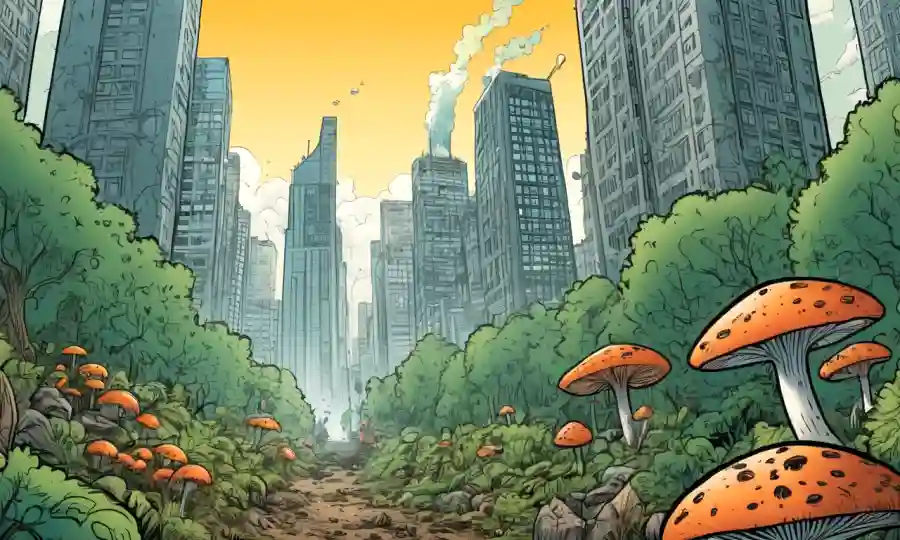 Una escena forestal con un rascacielos y contaminación que afectan el crecimiento de hongos.