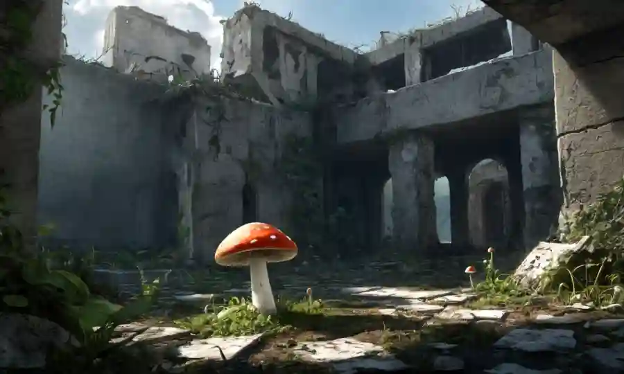Mushroom creciendo en medio de ruinas de hormigón