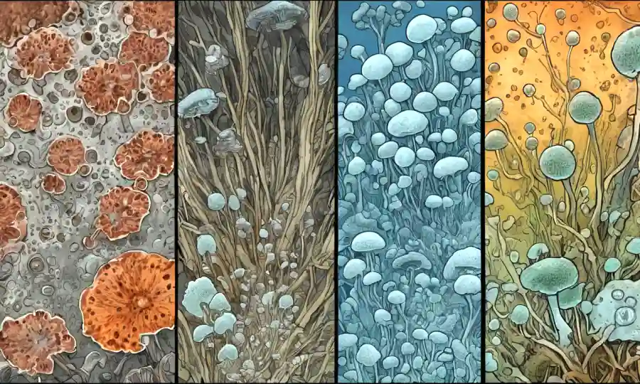 Imagen del microscopio que muestra estructuras fúngicas alterando a temperaturas variables.