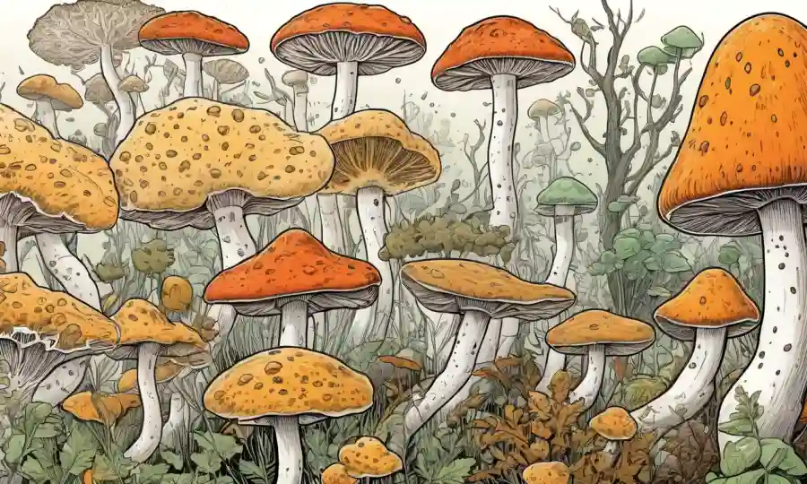 Ilustraciones de hongos microscópicos en medio de condiciones ambientales diagramas y diagramas.