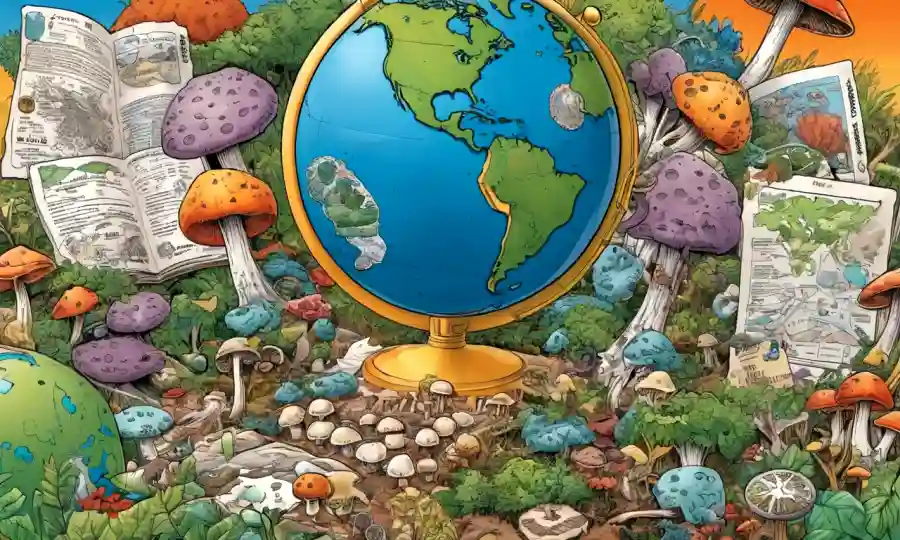 Un globo rodeado de diversos tipos de hongos, con estadísticas de salud pública y gráficos que llenan el fondo.